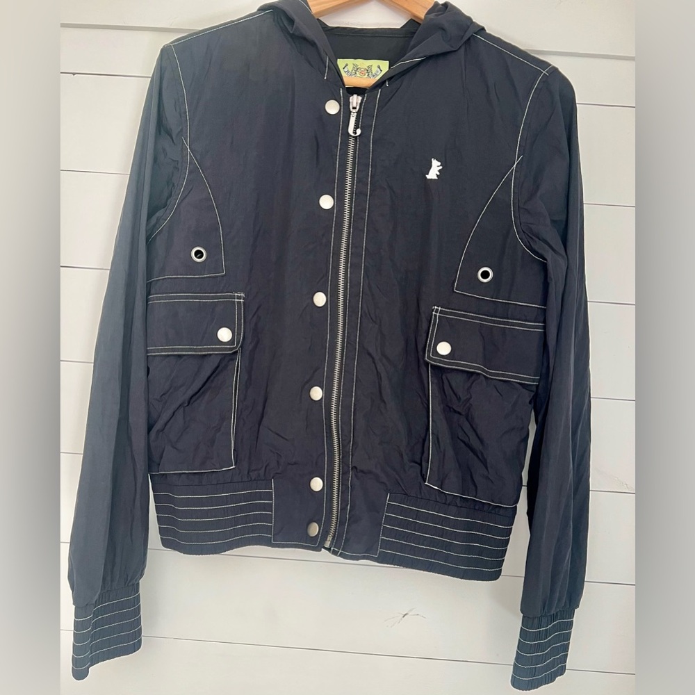 Juicy Couture vintage 90’s Black hooded nylon jacket 
Size L